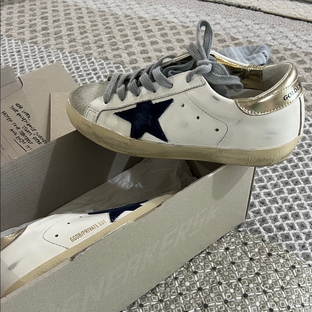 Golden Goose White Sneakers with Navy Star and Gold Accents